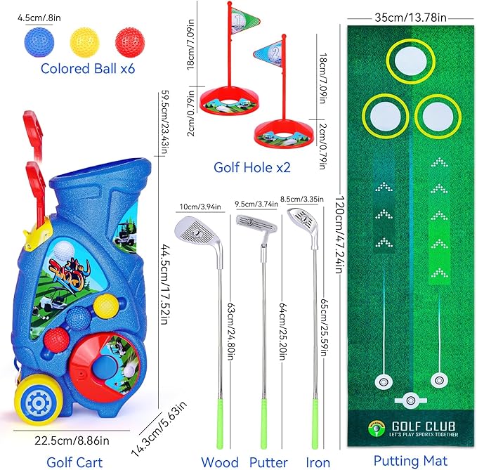 Toddler Golf Set with Shoulder Strap for Kids Ages 2-5, Portable Golf Clubs, Cart & Putting Mat - Indoor Outdoor Sports Toys - Blue