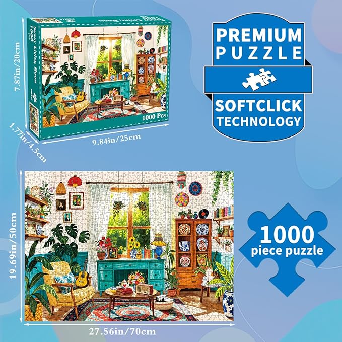 1000 Piece Puzzles for Adults - Cozy Boho Living Room Scene - Jigsaw Puzzles for Adults 1000 Piece Challenging Paper Puzzle for Relaxation, Home Decor Plant Lover Gifts (27.5" x 19.7")