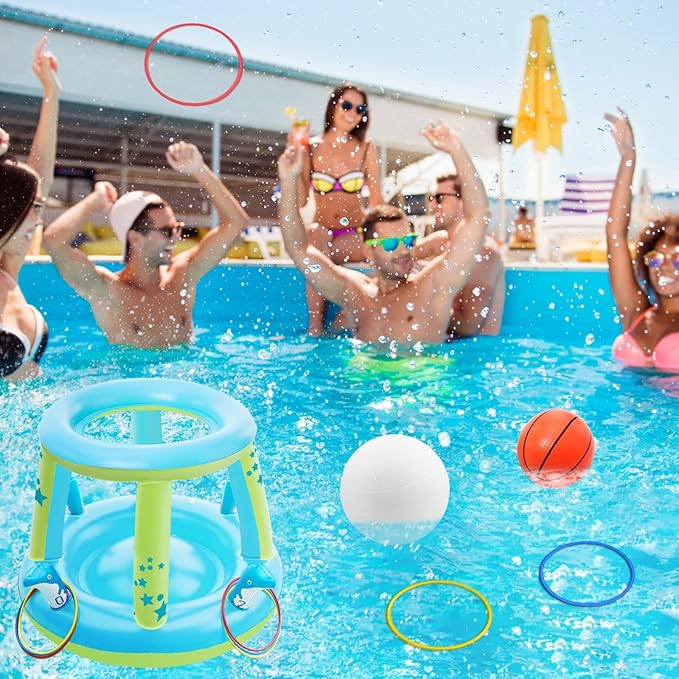 Jasonwell Pool Toys Games Set - 3 in 1 Pool Volleyball Net Basketball Hoop Ring Toss Game Inflatable Floats Water Floating Volleyball Swimming Pools Party Game Gift Kids Teens Adults (Blue&Yellow, L)