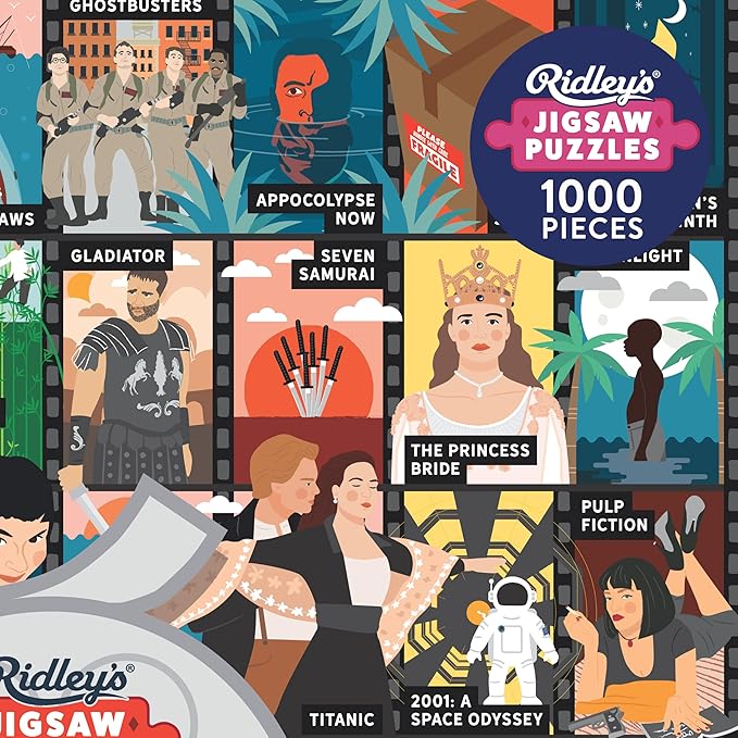 Ridley's: 50 Must-Watch Movies Bucket List 1000-Piece Puzzle - Movie Lovers Gift - Unique Art Style - Movie Room Décor