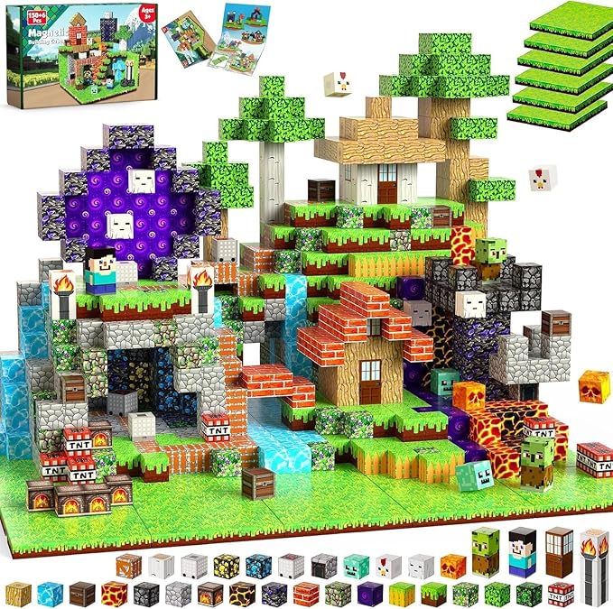 150 PCS Magnetic Blocks - Magnetic Building Block with 6 Base Plate, Stacking Magnets for Kids, Sensory Toy for Toddlers STEM Learning, Birthday Gifts for 3+ Years Old Boys Girls