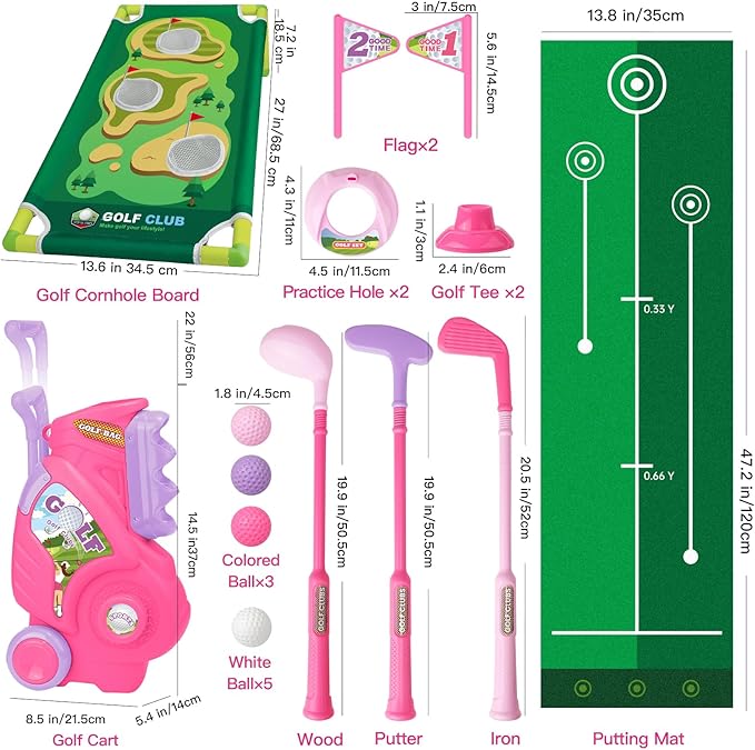 Toddler Golf Set for Boys Girls 1 2 3 4 Years Old, Upgraded Kids Golf Cart with Putting Mat & Cornhole Board, Outdoor Indoor Sports Toys, Pink