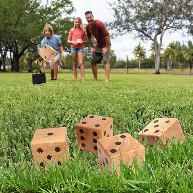 GSE Games & Sports Expert 3.5-Inch Premium Oak Giant Yard Dice Set with Carrying Bag and Yardzee & Farkle Scorecard. Outdoor Backyard Lawn Game for Family