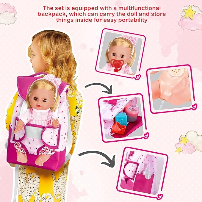 PROOU Baby Care Doll Toys Set, 36PCS Dolls Playset, Hair Salon Pretend Play Toddler Doll Toys Incl 14'' Baby Dolls Toy, Backpack, Hair Dryer, Curler, Xmas Gifts for Age 3 4 5 6+ Years Old Girls Kids