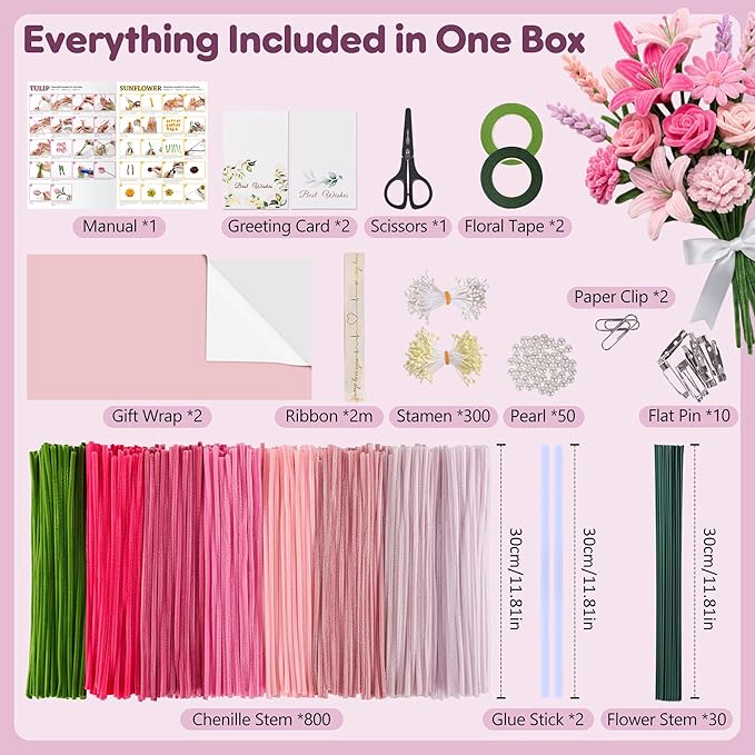 EARLY MINDS 800Pcs Pipe Cleaner Flower Bouquet Kit, 8 Colors Romantic Pink Chenille Stems Craft Making Set with Floral Tape, Flower Stems, Gift Wrap & More, DIY Bouquet Handmade Gifts for Mother