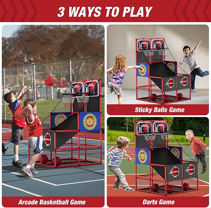 2 in 1 Dual Shot Basketball Arcade Game with 2 Dart Boards/Electronic Scoreboard/LED Light, Kids Basketball Hoop for Home Indoor Outdoor, Sport Toys for Boys Girls