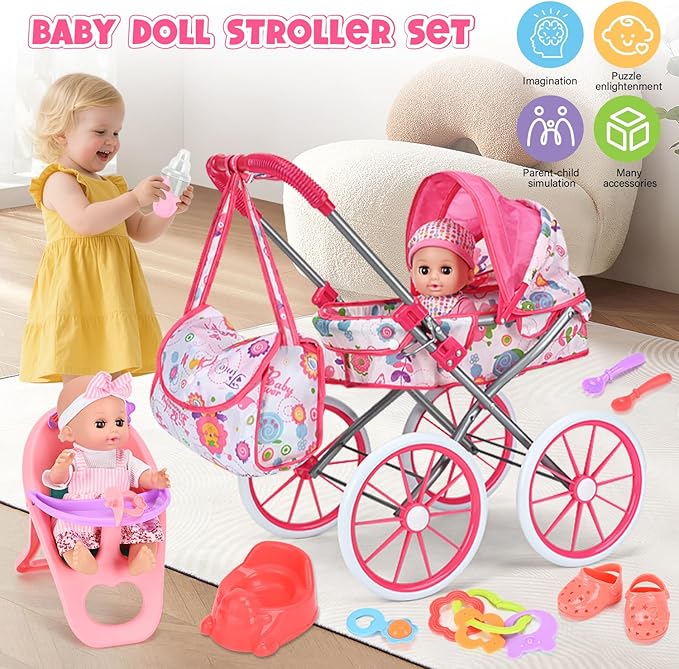 Baby Doll Stroller Toy Set with 12.5'' Doll and Accessories- 2 Doll Clothes, Diaper, Dining Chair, Pacifier, Storage Bag, Baby Doll Stroller Toys for Girls Toddlers 3-5 4-6 5-7 Gifts for Pretend Play