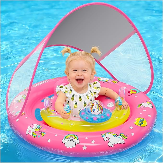 Baby Pool Float with UPF50+ Sun Protection Canopy, Inflatable Unicorn Baby Swim Float with Double Air Chambers, Adjustable Safety Seat & Toy Console Toddler Pool Float for 6-36 Months Boys Girls