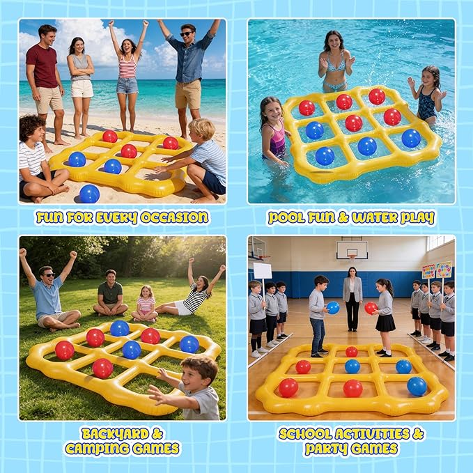 Tic Tac Toe Pool Game, Giant Inflatable Floating Board Set with 10 Balls, Pool Toys Party Game for Kids Adults Teens, Summer Water Party Backyard Beach Yard Field Day Outdoor Activities