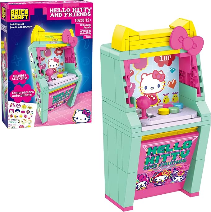 Brickcraft Hello Kitty and Friends Arcade Building Set, 102 PCS Toy Kit for Ages 12+, Retro Video Game Machine Model with Stickers, Cute Collectible Sanrio Gift Idea for Teens & Adults, Xmas Present