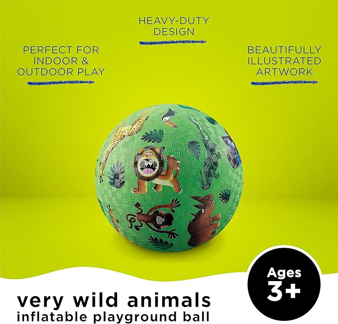 Crocodile Creek Playground Ball - Durable Rubber Ball for Kids Ages 3 and Up - Bouncy Inflatable Ball for Kickball, Indoor Games, and Outdoor Sports - PVC-Free - Very Wild Animals - 5-inch Diameter