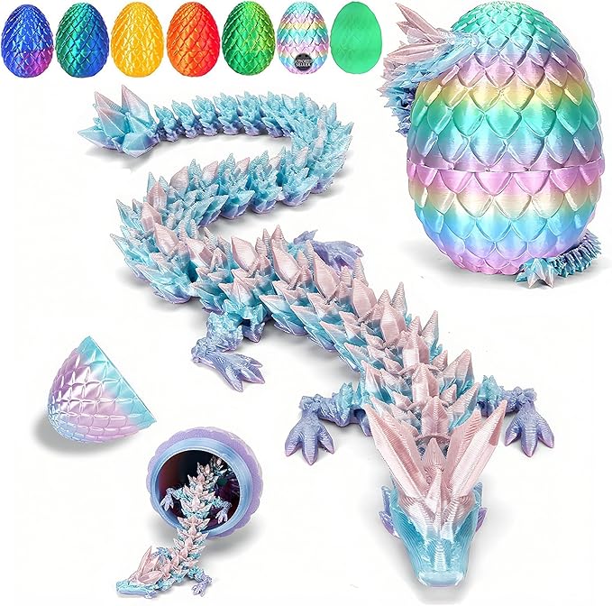 12" 3D Printed Dragon, Upgraded Fall Protection Dragon Egg & Reinforced 3D Dragons Joints, Safe Eco-Friendly Fidget Toy, Ideal for Easter Basket Stuffers, Easter Eggs (Rainbow Color)
