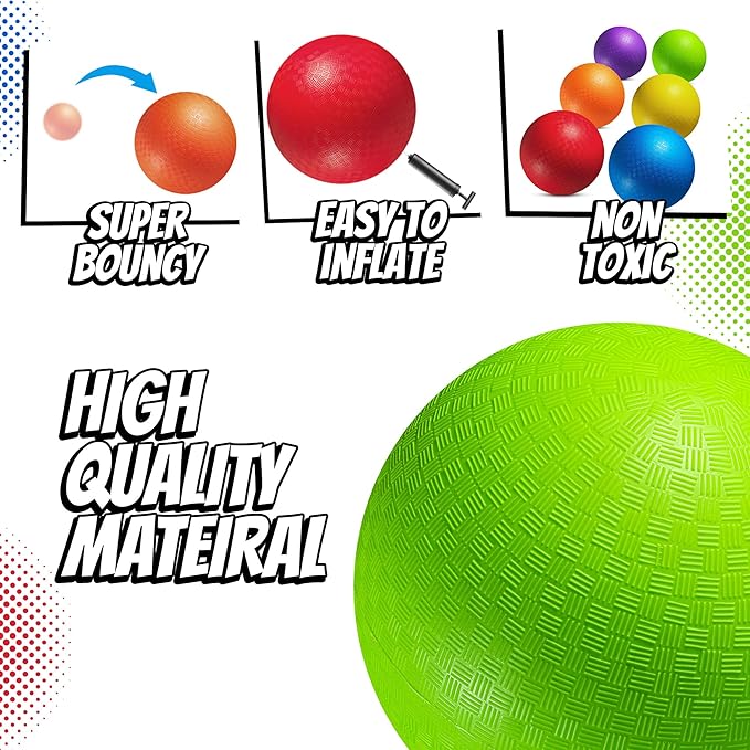5” Playground Balls for Toddlers & Kids - (6 Pack) Inflatable Rubber Bouncy Dodgeball Balls w/Pump - Small & Colorful for Four Square, Gym, Backyard, Recess, Sports, Preschool & Kindergarten Games