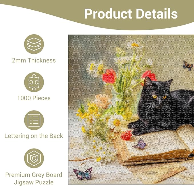 Cat on Book with Flowers Puzzles for Adults 1000 Pieces, Impossible Hard Difficult Challenging Jigsaw Puzzle 1000 Pieces, Christmas Birthday Gifts Home Decor for Adults/Friends/Family
