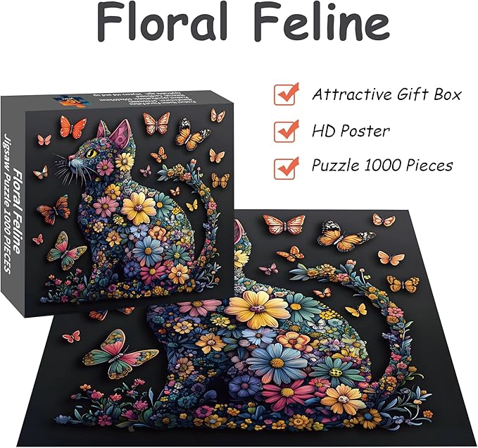 Cat 1000 Piece Puzzle for Adults, Butterfly Jigsaw Puzzles, Black Cat Flower Puzzle for Home Decor, Finished Size 23.98 * 23.98", with 1:1 Poster, Letter on The Back