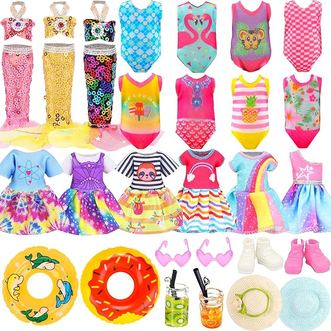 Mini 5.3 inch Doll Clothes and Accessories 6 Beach Swimsuits 3 Dresses with 2 Swimming Rings 2 Drinks 2 Hats 2 Glasses 2 Shoes