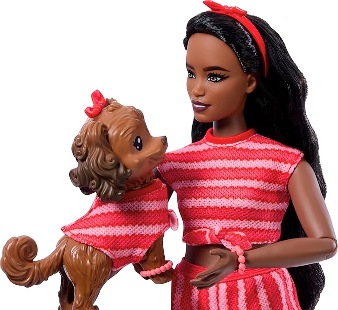 Barbie Twinning Looks Doll with Pet Dog in Matching Red Striped Clothes and Accessories for Both Like Sunglasses and Headbands, Wavy Black Hair