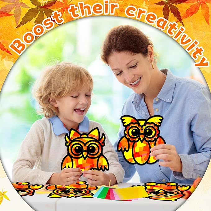 QOUBAI 32 Sets Fall Owl Suncatchers Craft Kit DIY Window Stained Glass Effect Autumn Owl Paper Crafts Home School Classroom Decoration Kid Birthday Gift Creative Art Project Activity Game
