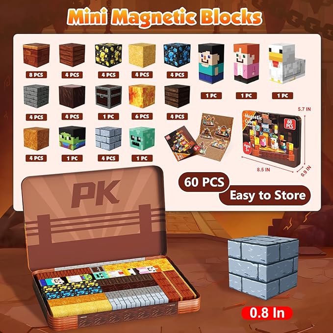 60 PCS Magnetic Blocks with Metal Box, 0.8in Mini Magnetic Building Cubes STEM Toys for Kids Ages 3+, Battle Stage Building Set, Educational Travel Toy for Boys and Girls, Easter Birthday Gifts
