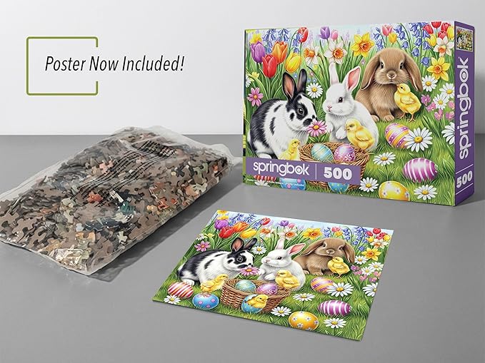 Springbok Three Easter Bunnies 500 Piece Jigsaw Puzzle for Adults – Poster Now Included - Spring and Floral – Unique Cut Pieces – Made in USA