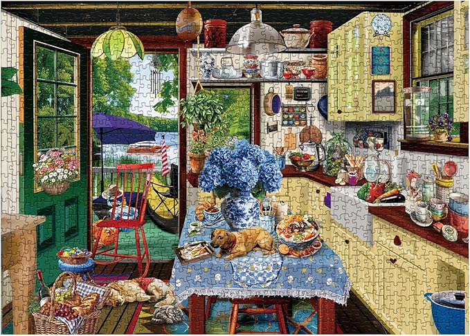 Cozy Lake Cottage Puzzle 1000 Pieces for Adults, Vintage Kitchen Cabin Jigasw Puzzles Scenic, Food Flower Plant Puzzle as Home Decor