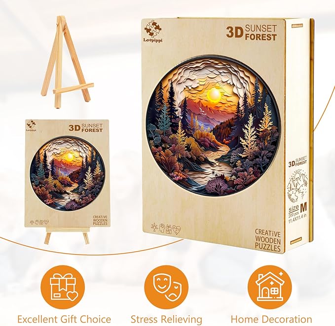 Wooden Puzzles for Adults, 3D Vision Effect-3D Sunset Forest Wood Puzzles Adult, Unique Shaped Wooden Jigsaw Puzzle, Birthday Gifts for Friends/Family/Puzzle Lovers, Home Decor(M-11.4 * 11.4in 200pcs)