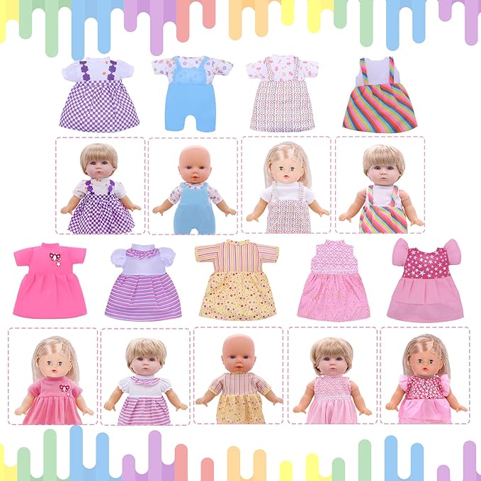 Baby Doll Clothes - Fits 12'' 13'' 14'' 15'' Girl Baby Dolls Clothes 360°Sewing Dresses for with Dolls Diapers, Nipple, and Doll Accessories Pack of 18 Bag Set