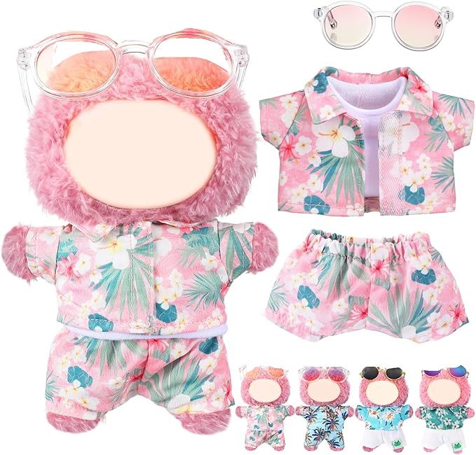 Simgoing 4 Pcs 17cm Dolls Hawaii Outfit Set Summer Floral Shirt Shorts White Vest and Mini Sunglasses Vacation Style Doll Clothes with Accessories Beach Apparel for 17cm Dolls(Pink Palms Style)