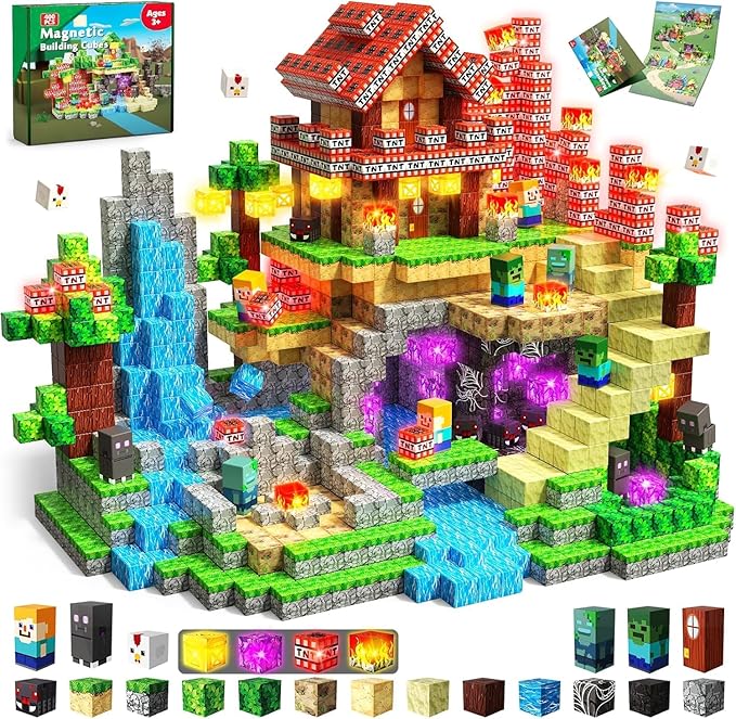 400 PCS Magnetic Blocks with Light Up Blocks - Magnetic Building Blocks, Magnetic Construction Cube Toys, STEM Sensory Learning Toys, Easter Christmas Birthday Gifts for Toddlers Boys and Girls Age 3+
