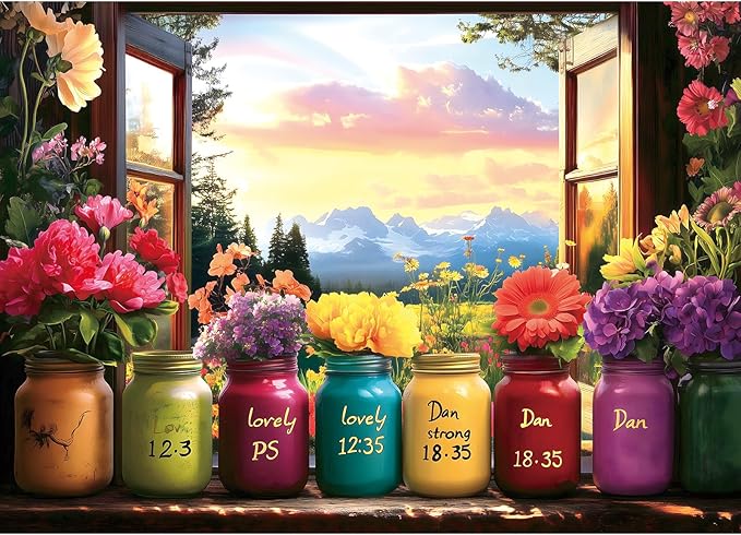 1000 Piece Jigsaw Puzzle for Adults, Colorful Mason Jars with Flowers and Sunset Mountain Landscape, 27x19 Inches Decorative Wall Artwork, Ideal for Stress Relief