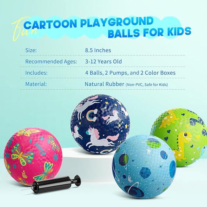 ZOOJOY Pack of 4 Cartoon Playground Balls, 8.5" Rubber Bouncy Kickball Set, Indoor & Outdoor Dodgeball Kickball Balls for Toddler 3-12, School Games Toys for Boys and Girls with Pumps and Boxes