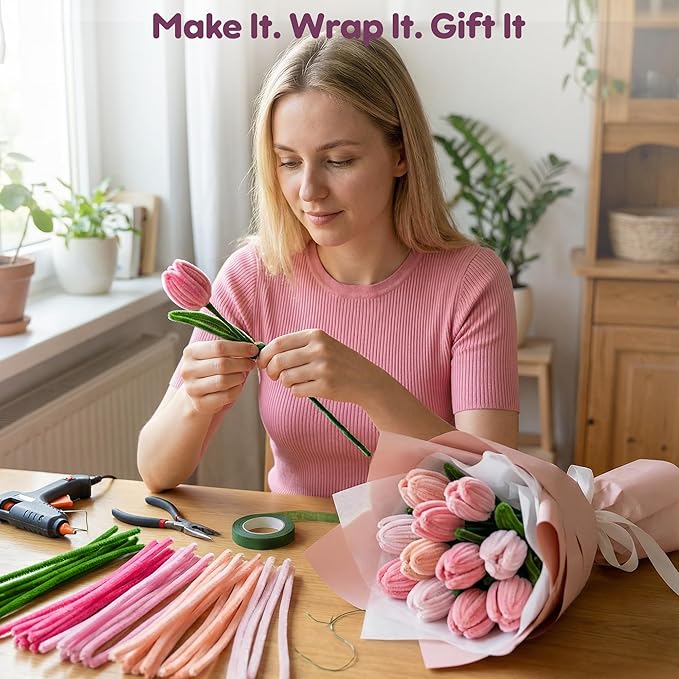 EARLY MINDS 800Pcs Pipe Cleaner Flower Bouquet Kit, 8 Colors Romantic Pink Chenille Stems Craft Making Set with Floral Tape, Flower Stems, Gift Wrap & More, DIY Bouquet Handmade Gifts for Mother