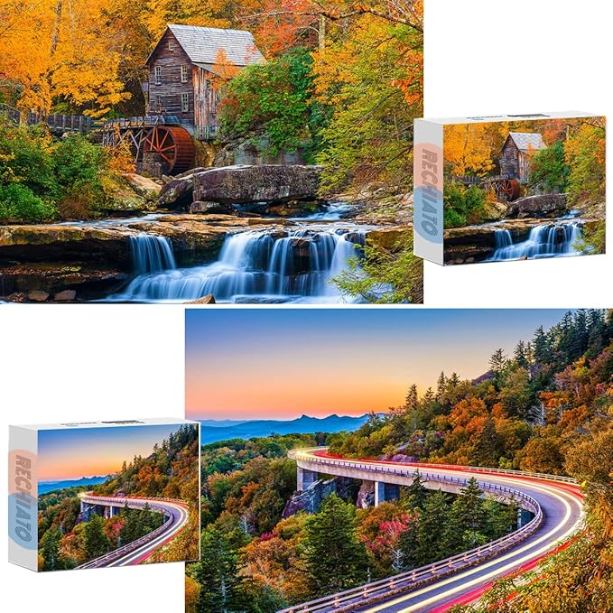 2 Pack 1000 Pieces for Jigsaw Puzzles for Adults, Fall Autumn Nature Landscape Scene Challenging Puzzle Perfect for Family Activity Game Nights Gifts(Glade Creek Gristmill & Blue Ridge Parkway)