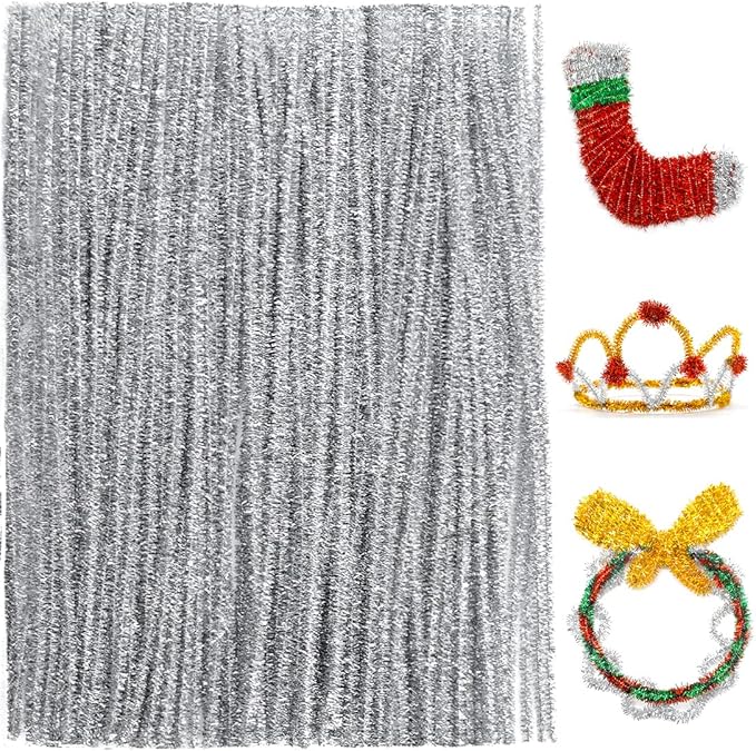 Praisebank Silver Glitter Pipe Cleaners for Crafts, 200pcs, Chenille Stems for DIY Projecets, Arts & Crafts Supplies for Festival Party Decorations