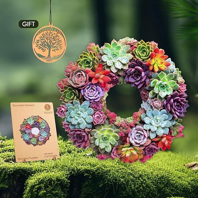 Delobil Succulent Garland Wooden Puzzles for Adults, 500 Pieces Mandala Jigsaw Puzzles, Unique Shaped Royal Size Wood Puzzle Gift for Kids, Family Game 17.6'' x 16.5''