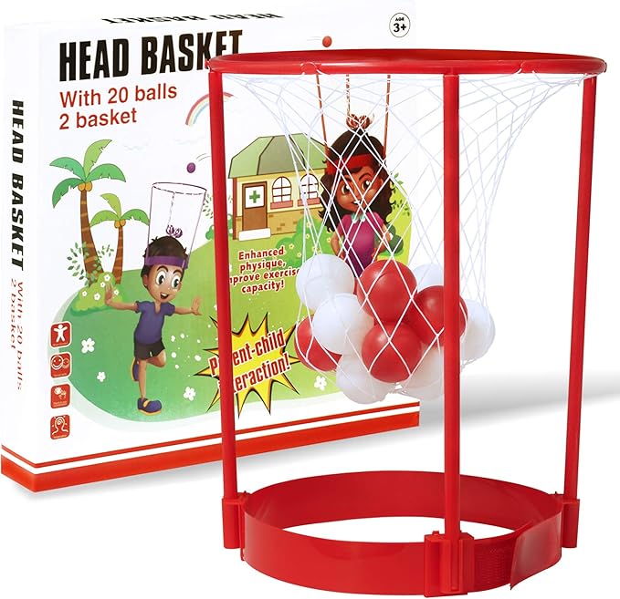Novelty Place Head Basketball Hoop Party Game Set for Kids & Adults - Adjustable Basketball Headband with 20 Balls - Red & White