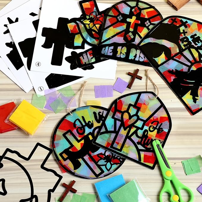 24 Set Easter Suncatchers Crafts DIY Christian Paper Cross Kit He is Risen Craft Jesus Religious DIY Hanging Decor Window Art Activity Gifts for Sunday School VBS Church Decoration