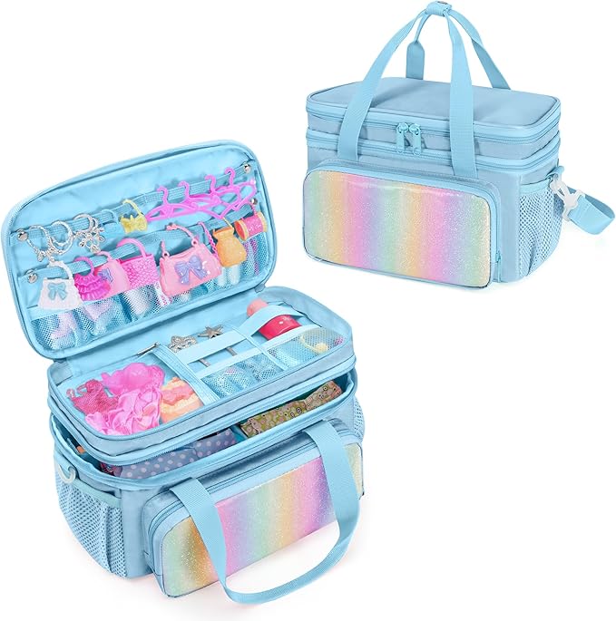 GRAOSO Carrying Case Compatible with Barbie Doll Clothes, Doll Accessories Storage Organizer, Double Layer Design, with Handle and Detachable Shoulder Strap, Case only (Blue)
