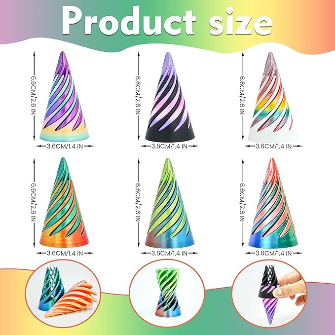 6PCS Impossible Cone,3D Printed Spiral Cone Fidget Toys,Impossible Pyramid Passthrough Sculpture,Stress Relieving Toys for Adults and Kids,Stocking Filler White Elephant Gifts (6 Colors)