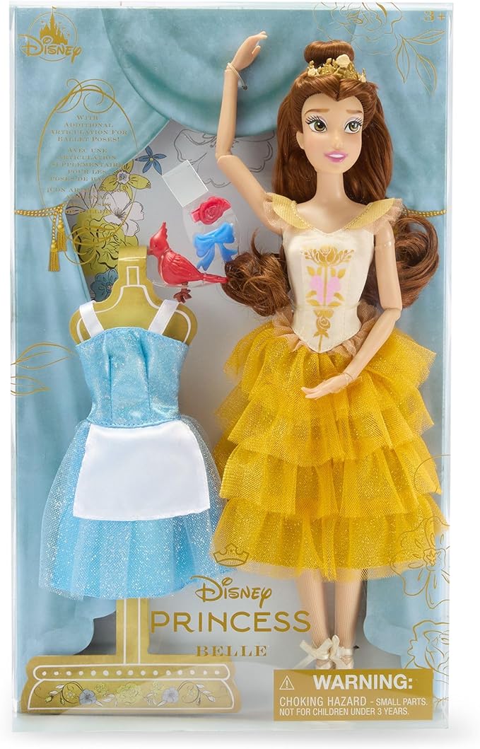Disney Store Official Princess Ballet Doll - 11 Inch Belle Ballerina Doll - Includes Molded Hair Clips, 2 Tutu Outfits, Accessories and Robin Figure - Disney Princess Toys for Girls
