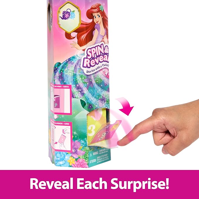 Mattel Disney Princess Ariel Fashion Doll Set, Spin & Reveal with 11 Surprises Including 5 Accessories, 5 Stickers & Play Scene, Inspired by Movie