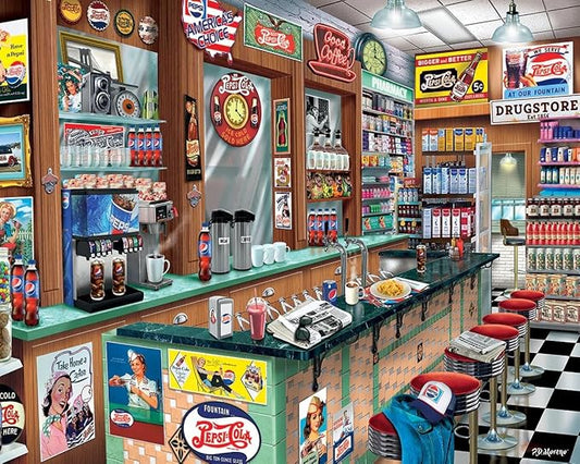 White Mountain 1000 Piece Jigsaw Puzzle Retro Soda Shop Diner Puzzles with Large Pieces for Adults and Family 24"x30" - Pepsi Soda Fountain