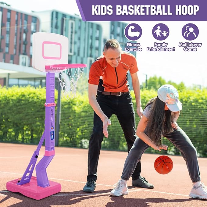 SUPER JOY Toddler Pink Basketball Hoop for Kids 1-3,2-4 5 Years Old, Adjustable Mini Hoop Set for Indoor Outdoor Play, Portable Basketball Goal Balls Sports Toys for Little Boys Girls Birthday Gifts