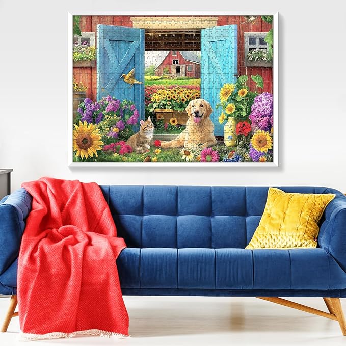 500 Piece Animal Farm Puzzle for Adults, Spring Flowers Jigsaw Puzzle, 500 Piece Dog and Cat Puzzle as Home Decor, Friends Family Activity Game Nights Gifts, 20.5×15 in