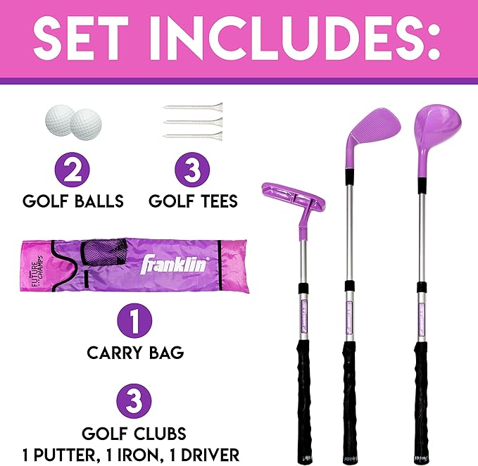 Franklin Sports Kids Golf Set - Youth Adjustable Plastic Golf Club Set - Kids Plastic Golf Set with Bag & Balls - Adjustable Length Clubs for Toddlers - Pink