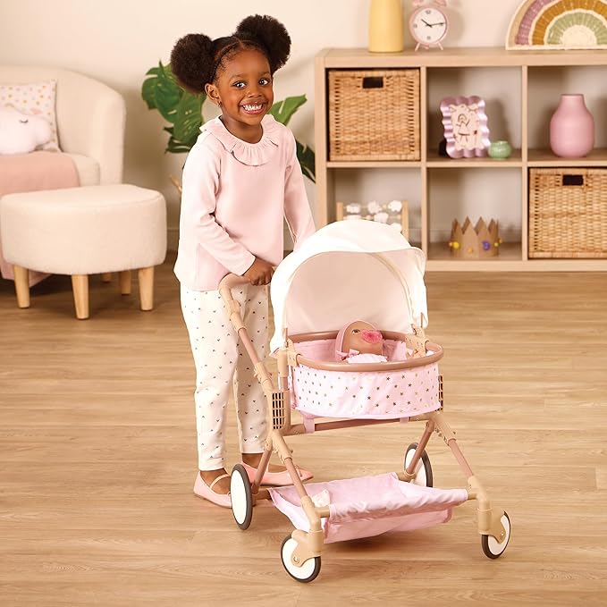 LullaBaby – 14-Inch Accessories – Pink Toy Stroller with Gold Stars for Twins – Foldable Canopy, Swivel Wheels & Storage Basket – Pretend Play 2+ Years