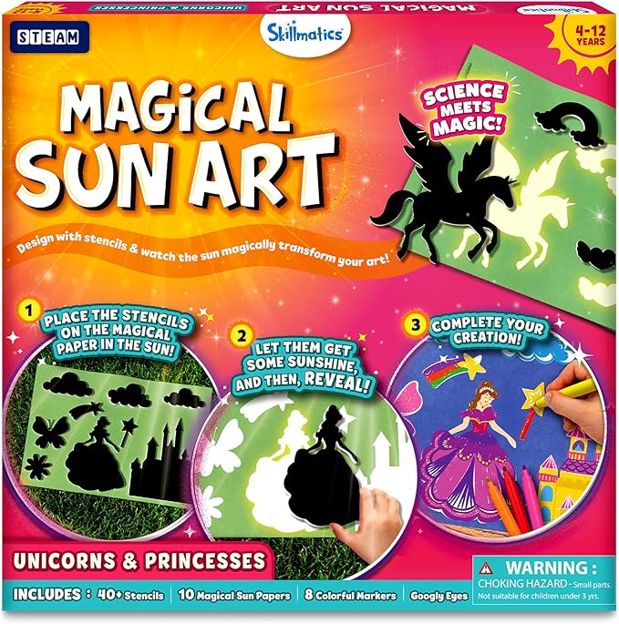 Skillmatics Sun Paper Art Kit - Mess-Free STEM Craft Kit for Kids, Design with Stencils, Create with Sunlight, Color with Markers, Indoor Play, Gifts for Ages 4, 5, 6, 7, 8, 9, 10, 11, 12