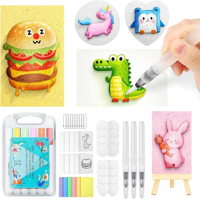 KETIEE Magic Puffy Paint: 58Pcs Magic Foam Texture Painting Kit, 3D Drawing DIY Art Set Include 32Pcs Foam Texture Paper,12 Colors Acrylic Marker Pen,3 Soft-tip Water Brush Pen, Magical Puffy Painting