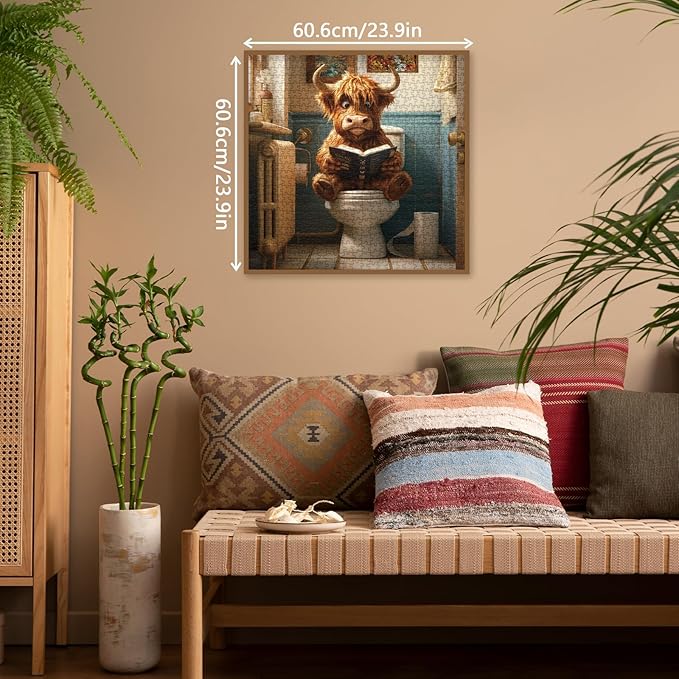 Funny Highland Cow Puzzle for Adults 1000 Pieces, Cute Reading Book Animal Jigsaw Puzzle, Bathroom Toilet Paper Puzzle