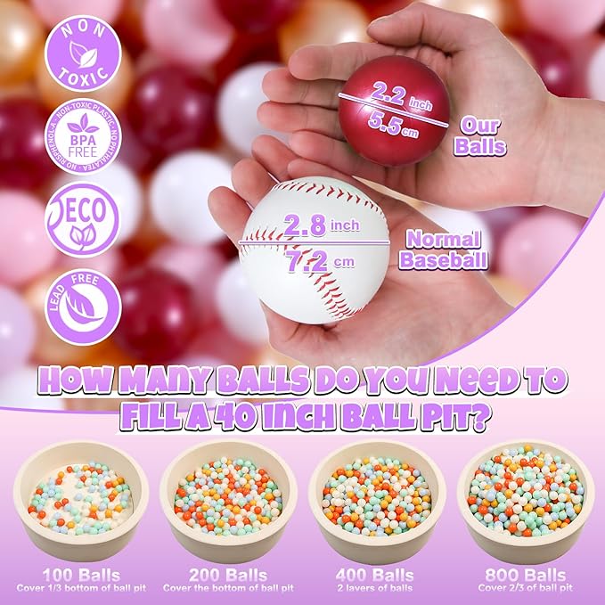 GOGOSO Ball Pit Balls for Toddler, Baby Plastic Playballs Kids Soft Pastel Pelotas Non-Toxic BPA-Free,Pink+Gold+White+red+Purple,100 Balls